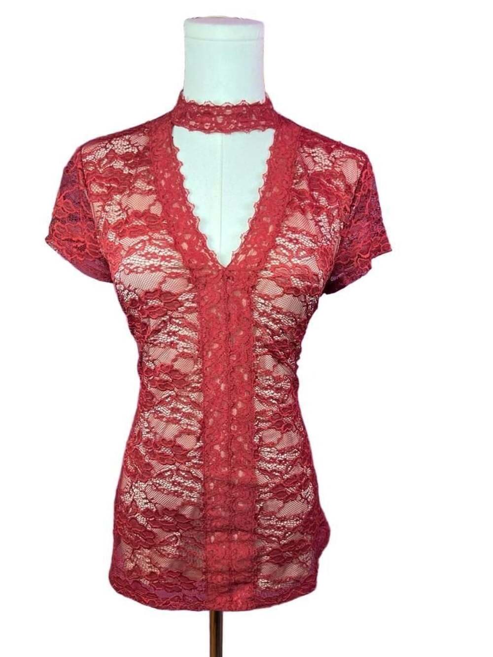 Express Y2K Red Lace Choker Neck Sheer Top M Goth Dark Feminine Romantic Top